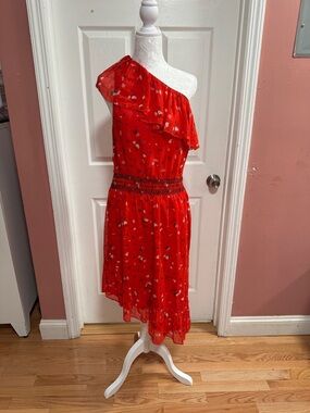 Beautiful JOIE one shoulder midi dress in a vibrant, red floral 100% silk